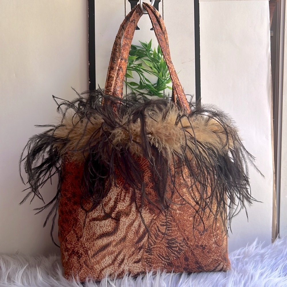 COPY - Brown tigers printed withs feathers handbag